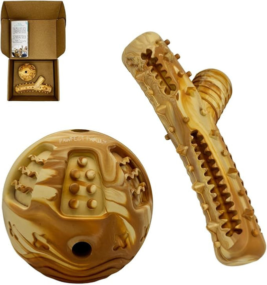 Pawfect Family Natural Rubber Treat Toys for Dogs - 2pc Set (Chew Log + Enrichment Ball), Eco-Friendly & Durable, Anxiety Relief & Dental Care