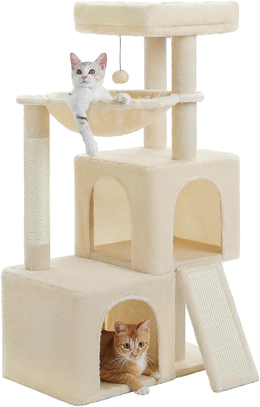 PETEPELA 104cmn Cat Tree Tower Dual Condo Hammock Hideaway for Large Cats, Padded Perch + Scratching Posts Stylish Wooden Design