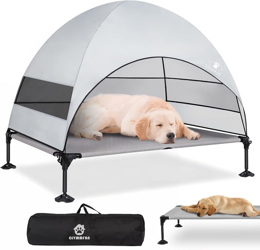 Elevated Dog Bed with Canopy - Portable Cooling Cot for Camping, Gardens & Summer Lounging (Multiple Sizes and Colors)
