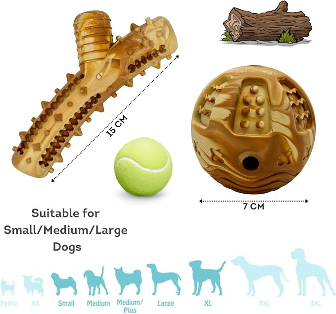 Pawfect Family Natural Rubber Treat Toys for Dogs - 2pc Set (Chew Log + Enrichment Ball), Eco-Friendly & Durable, Anxiety Relief & Dental Care