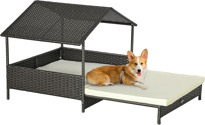 PawHut Outdoor Wicker Dog Bed with Shade Roof Cozy Rattan Shelter with Cushion for Small to Medium Dogs