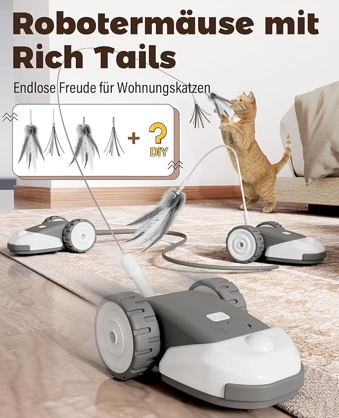 3-in-1 Rechargeable Cat Toy - Feather, String, & Mouse Tail Combo with 2-Speed Movement