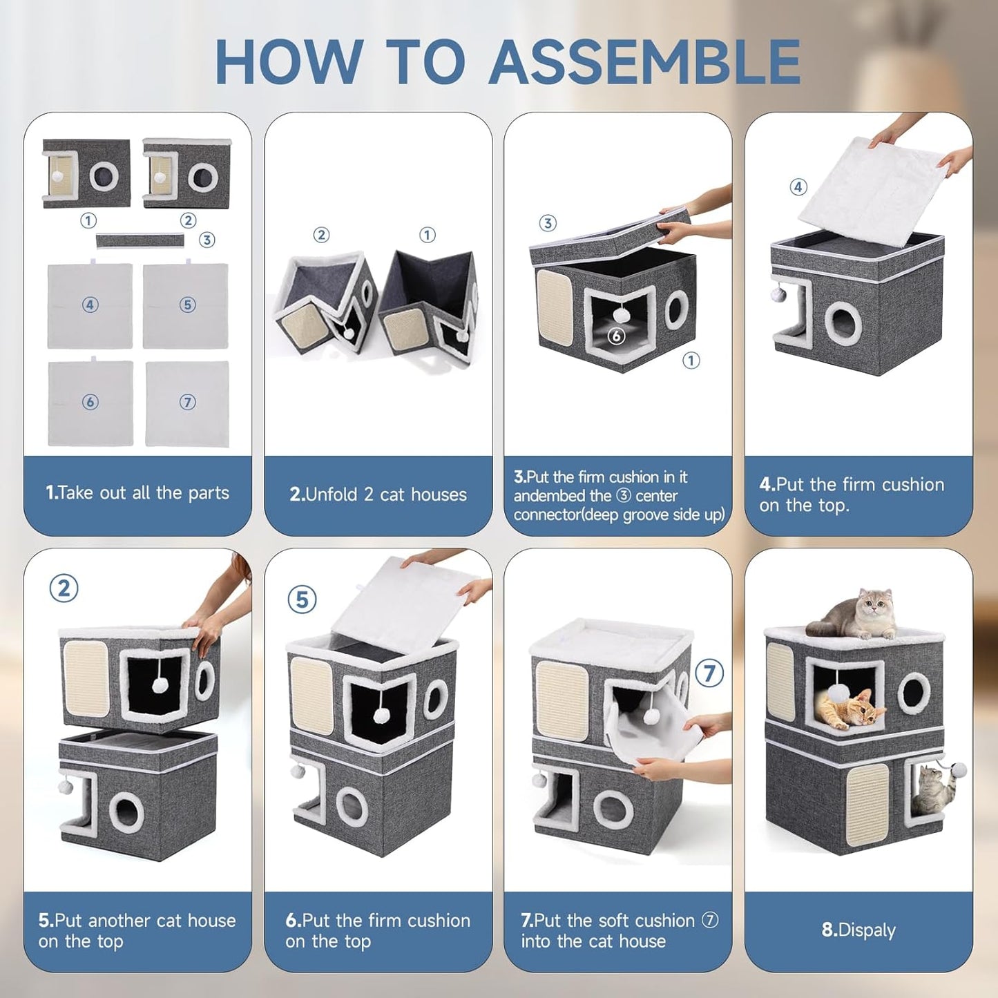 Shikha 3-Layer Foldable Cat House - Multi-Cat Hideaway with Scratch Pads, Hanging Toys & Cushioned Condos Portable Indoor Cat Cube for Play, Rest & Privacy