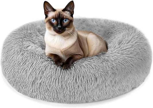 ELYF Plush Donut Pet Bed - Calming Cushion for Cats & Small Dogs - Self-Warming, Waterproof Base, Anti-slip, Machine Washable
