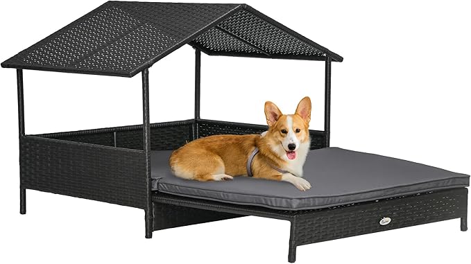 PawHut Outdoor Wicker Dog Bed with Shade Roof Cozy Rattan Shelter with Cushion for Small to Medium Dogs