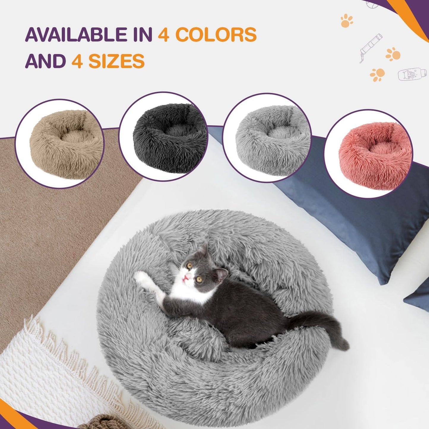 ELYF Plush Donut Pet Bed - Calming Cushion for Cats & Small Dogs - Self-Warming, Waterproof Base, Anti-slip, Machine Washable