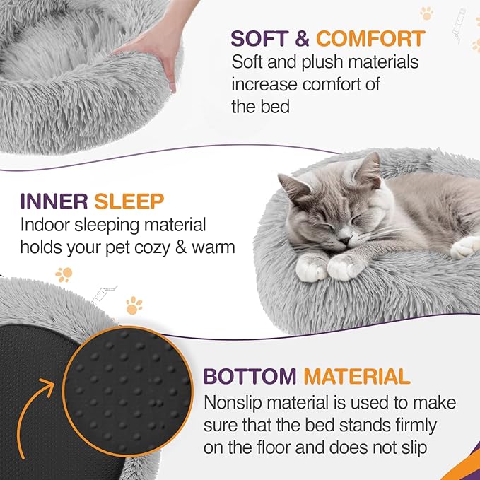 ELYF Plush Donut Pet Bed - Calming Cushion for Cats & Small Dogs - Self-Warming, Waterproof Base, Anti-slip, Machine Washable