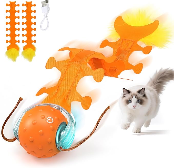 Rechargeable Dual-Tail Cat Toy with Bird Sounds Smart Enrichment Ball for Indoor Cats