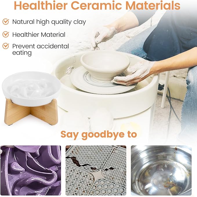 PETTOM Slow Feeder Cat Bowl with Bamboo Stand β Raised Ceramic Bowl for Tidy, Healthy Mealtimes