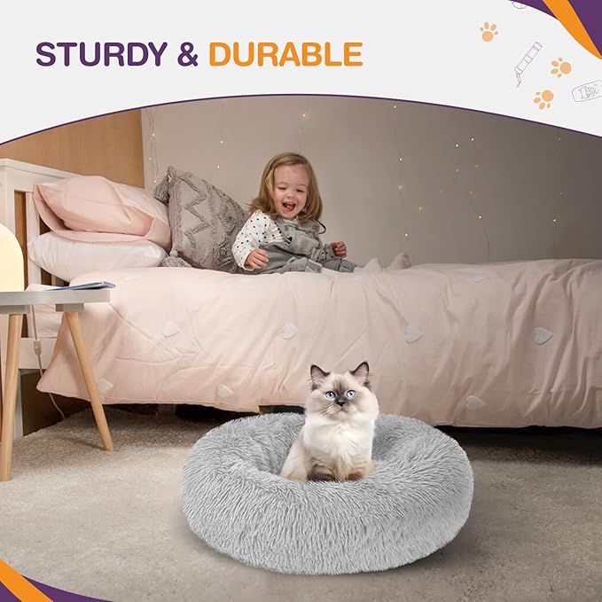 ELYF Plush Donut Pet Bed - Calming Cushion for Cats & Small Dogs - Self-Warming, Waterproof Base, Anti-slip, Machine Washable