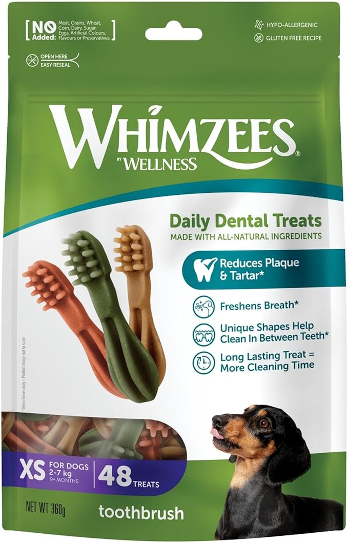 WHIMZEES Natural Grain-Free Dog Dental Chews Toothbrush Treats for Daily Oral Care 48-Pack for All Sizes (XS to Large) Low-Fat, Hypoallergenic, Plant-Based Dental Sticks