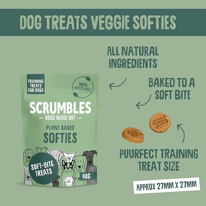 Scrumbles Softies Plant-Based Dog Training Treats (90g) Grain-Free, Low-Fat, Hypoallergenic Bites for All Ages Eco-Friendly, Gentle on Tummies (Veggie)