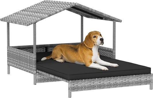 PawHut Outdoor Wicker Dog Bed with Shade Roof Cozy Rattan Shelter with Cushion for Small to Medium Dogs