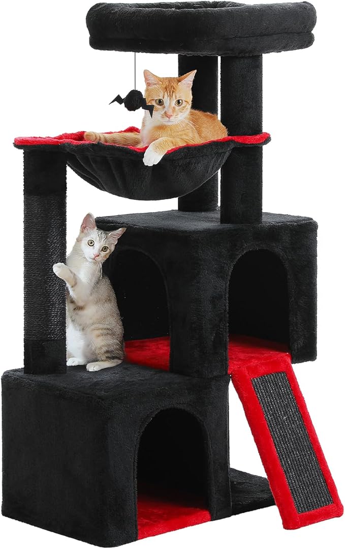 PETEPELA 104cmn Cat Tree Tower Dual Condo Hammock Hideaway for Large Cats, Padded Perch + Scratching Posts Stylish Wooden Design
