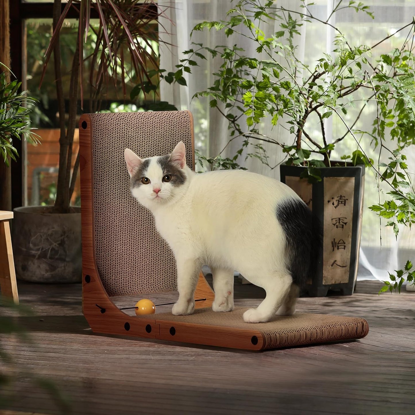 FUKUMARU L-Shaped Cat Scratcher - Corner Wall Scratch Pad with Ball Toy Eco Cardboard Lounge & Scratch Board for Cats