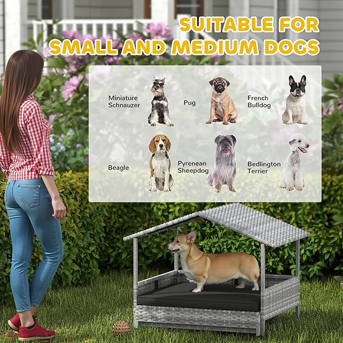 PawHut Outdoor Wicker Dog Bed with Shade Roof Cozy Rattan Shelter with Cushion for Small to Medium Dogs