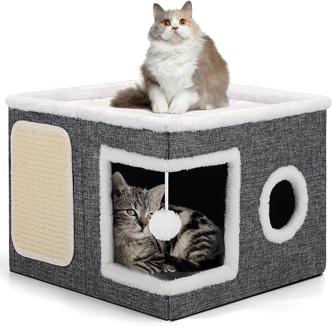 Shikha 3-Layer Foldable Cat House - Multi-Cat Hideaway with Scratch Pads, Hanging Toys & Cushioned Condos Portable Indoor Cat Cube for Play, Rest & Privacy