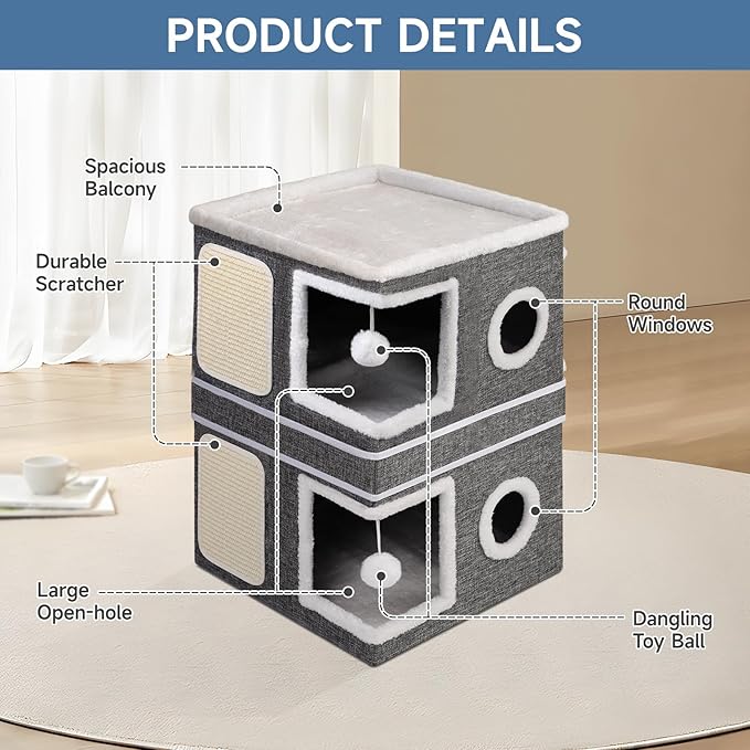 Shikha 3-Layer Foldable Cat House - Multi-Cat Hideaway with Scratch Pads, Hanging Toys & Cushioned Condos Portable Indoor Cat Cube for Play, Rest & Privacy