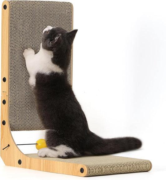 FUKUMARU L-Shaped Cat Scratcher - Corner Wall Scratch Pad with Ball Toy Eco Cardboard Lounge & Scratch Board for Cats