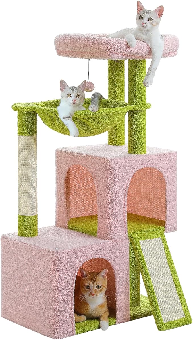 PETEPELA 104cmn Cat Tree Tower Dual Condo Hammock Hideaway for Large Cats, Padded Perch + Scratching Posts Stylish Wooden Design