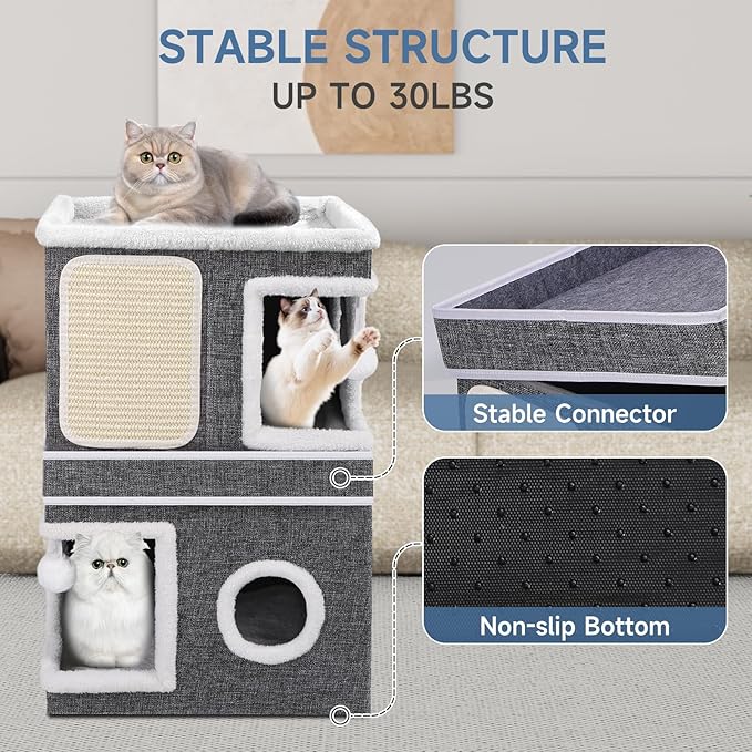 Shikha 3-Layer Foldable Cat House - Multi-Cat Hideaway with Scratch Pads, Hanging Toys & Cushioned Condos Portable Indoor Cat Cube for Play, Rest & Privacy