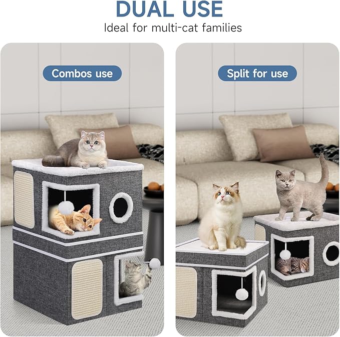 Shikha 3-Layer Foldable Cat House - Multi-Cat Hideaway with Scratch Pads, Hanging Toys & Cushioned Condos Portable Indoor Cat Cube for Play, Rest & Privacy