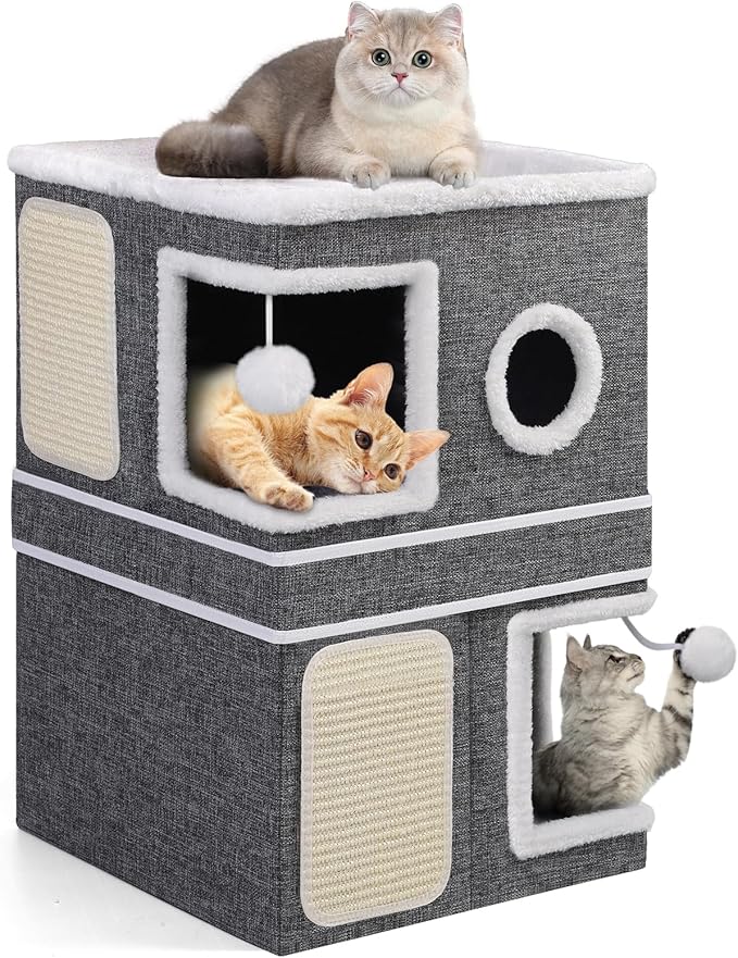 Shikha 3-Layer Foldable Cat House - Multi-Cat Hideaway with Scratch Pads, Hanging Toys & Cushioned Condos Portable Indoor Cat Cube for Play, Rest & Privacy