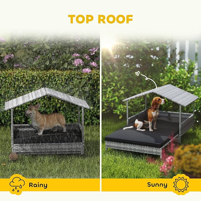 PawHut Outdoor Wicker Dog Bed with Shade Roof Cozy Rattan Shelter with Cushion for Small to Medium Dogs