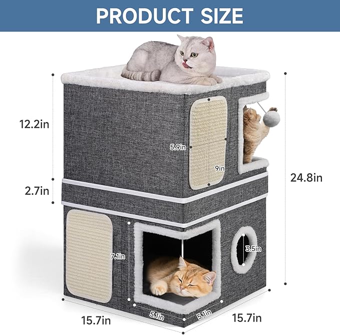 Shikha 3-Layer Foldable Cat House - Multi-Cat Hideaway with Scratch Pads, Hanging Toys & Cushioned Condos Portable Indoor Cat Cube for Play, Rest & Privacy