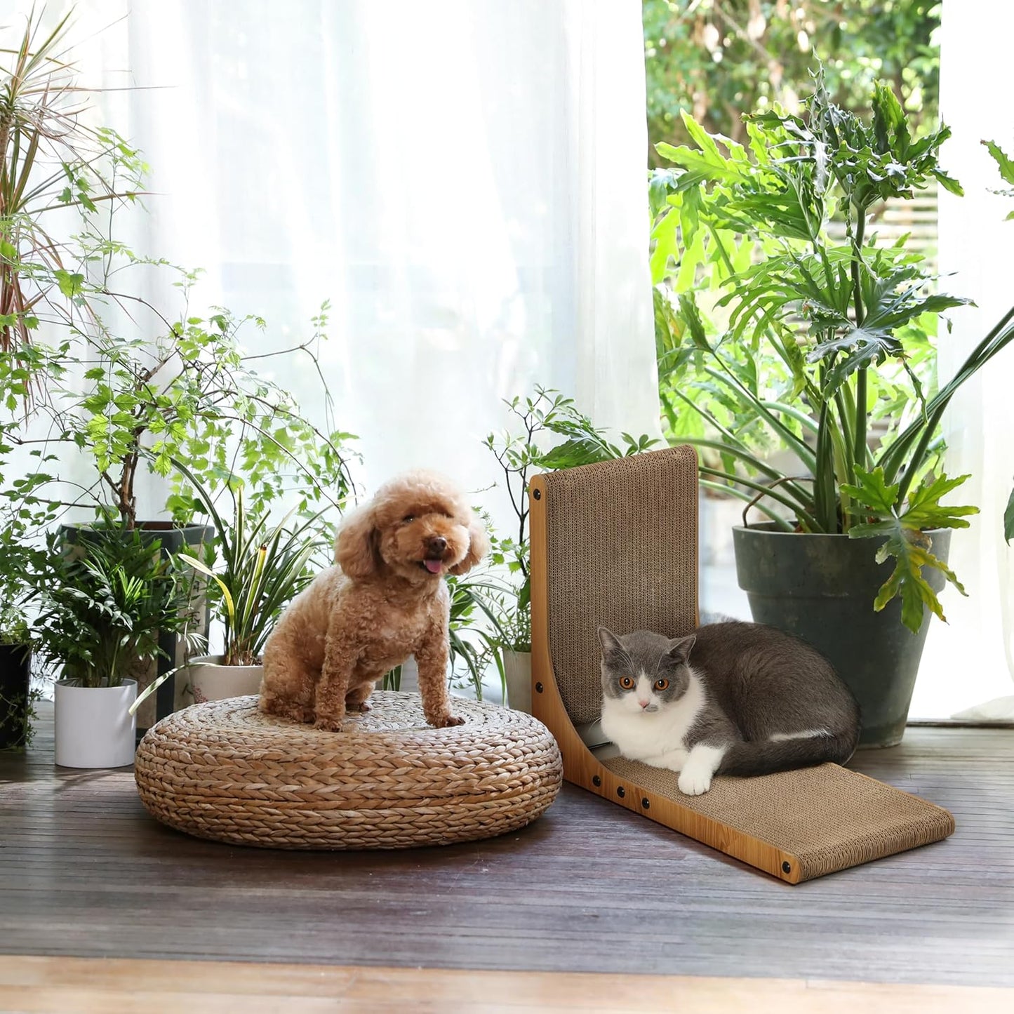 FUKUMARU L-Shaped Cat Scratcher - Corner Wall Scratch Pad with Ball Toy Eco Cardboard Lounge & Scratch Board for Cats