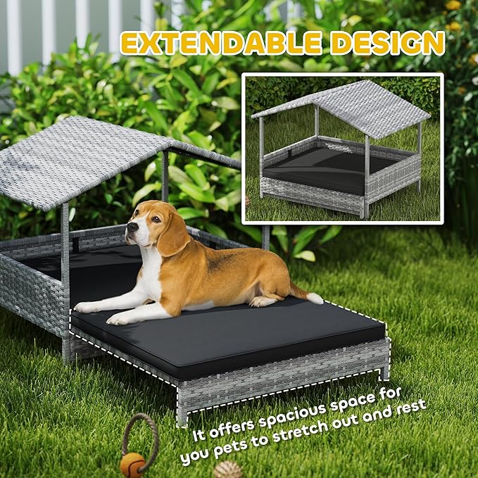 PawHut Outdoor Wicker Dog Bed with Shade Roof Cozy Rattan Shelter with Cushion for Small to Medium Dogs