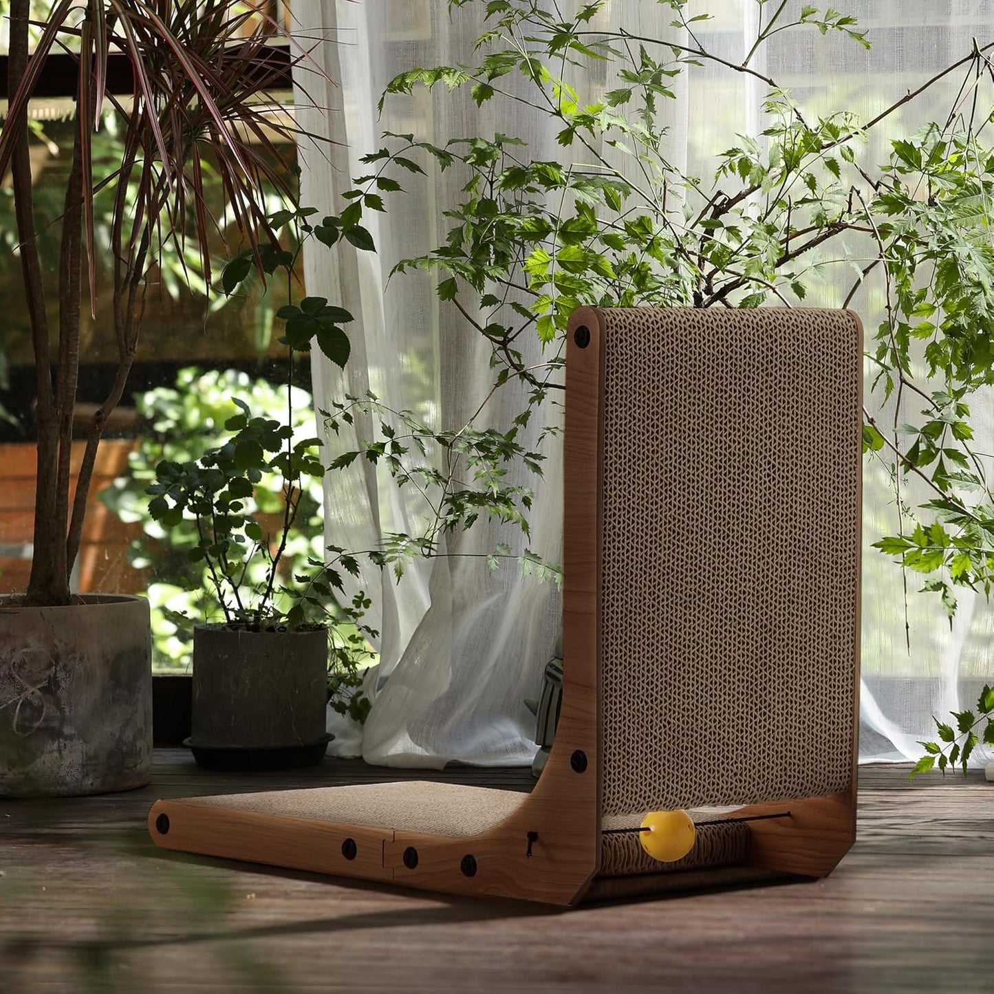 FUKUMARU L-Shaped Cat Scratcher - Corner Wall Scratch Pad with Ball Toy Eco Cardboard Lounge & Scratch Board for Cats