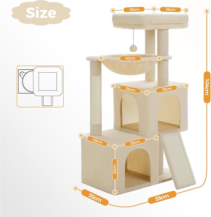 PETEPELA 104cmn Cat Tree Tower Dual Condo Hammock Hideaway for Large Cats, Padded Perch + Scratching Posts Stylish Wooden Design