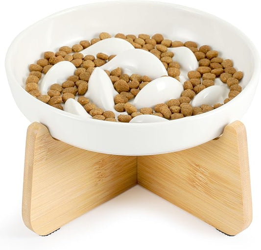 PETTOM Slow Feeder Cat Bowl with Bamboo Stand – Raised Ceramic Bowl for Tidy, Healthy Mealtimes