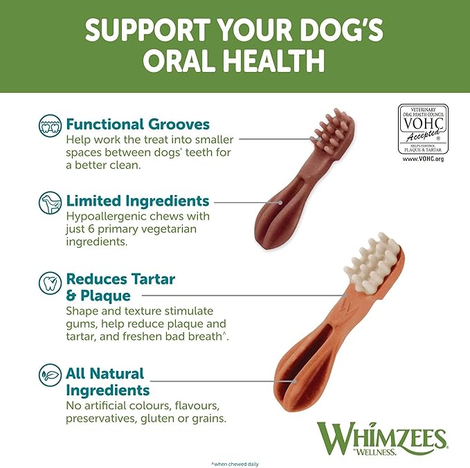 WHIMZEES Natural Grain-Free Dog Dental Chews Toothbrush Treats for Daily Oral Care 48-Pack for All Sizes (XS to Large) Low-Fat, Hypoallergenic, Plant-Based Dental Sticks