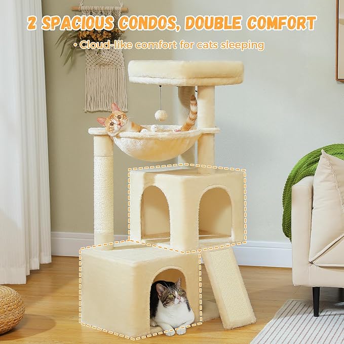 PETEPELA 104cmn Cat Tree Tower Dual Condo Hammock Hideaway for Large Cats, Padded Perch + Scratching Posts Stylish Wooden Design