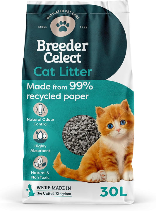 Breeder Celect 30L Cat Litter – Recycled Paper, Odour Control, Eco-Friendly & Non-Clumping