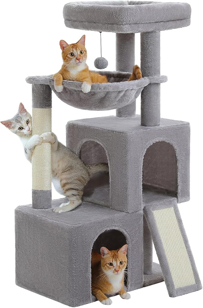 PETEPELA 104cmn Cat Tree Tower Dual Condo Hammock Hideaway for Large Cats, Padded Perch + Scratching Posts Stylish Wooden Design
