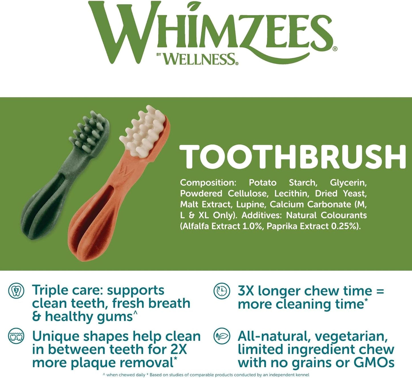 WHIMZEES Natural Grain-Free Dog Dental Chews Toothbrush Treats for Daily Oral Care 48-Pack for All Sizes (XS to Large) Low-Fat, Hypoallergenic, Plant-Based Dental Sticks