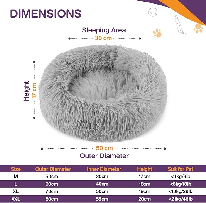 ELYF Plush Donut Pet Bed - Calming Cushion for Cats & Small Dogs - Self-Warming, Waterproof Base, Anti-slip, Machine Washable