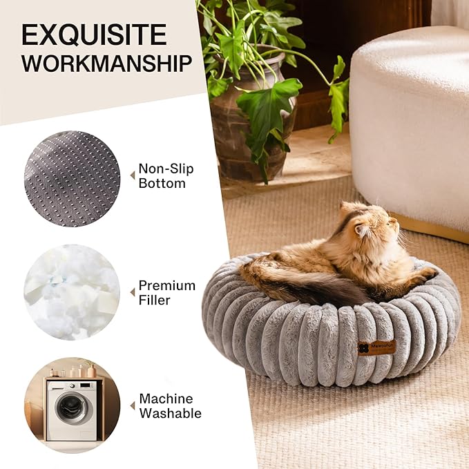 MEWOOFUN Plush Donut Bed Anti-Anxiety alming Nest for Cats & Small Dogs Washable, Non-slip, Soft Faux Fur Cushion (Multiple Colours)