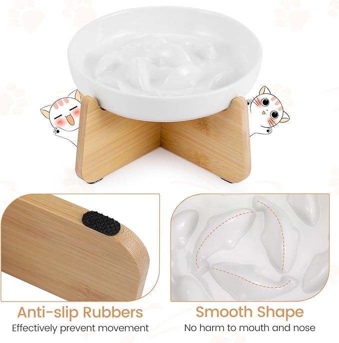 PETTOM Slow Feeder Cat Bowl with Bamboo Stand – Raised Ceramic Bowl for Tidy, Healthy Mealtimes
