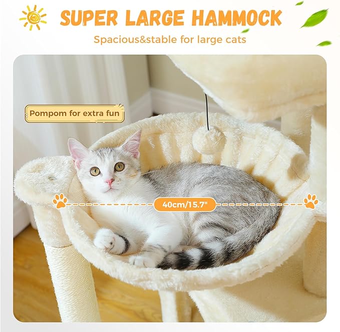 PETEPELA 104cmn Cat Tree Tower Dual Condo Hammock Hideaway for Large Cats, Padded Perch + Scratching Posts Stylish Wooden Design