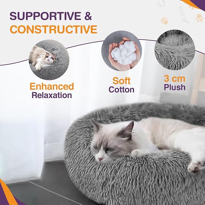 ELYF Plush Donut Pet Bed - Calming Cushion for Cats & Small Dogs - Self-Warming, Waterproof Base, Anti-slip, Machine Washable