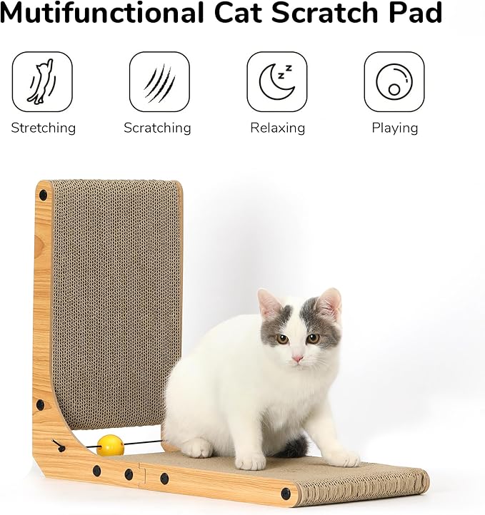 FUKUMARU L-Shaped Cat Scratcher - Corner Wall Scratch Pad with Ball Toy Eco Cardboard Lounge & Scratch Board for Cats