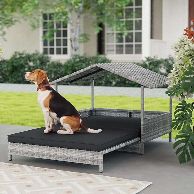 PawHut Outdoor Wicker Dog Bed with Shade Roof Cozy Rattan Shelter with Cushion for Small to Medium Dogs