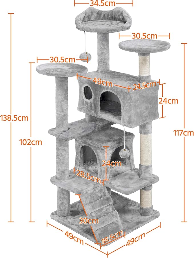 Yaheetech Cat Tree Tower - 138.5cm Multi-Level Climbing House with Condos, Ladder & Scratch Posts Activity Centre for Kittens & Small Cats (Multiple Colours & Sizes)