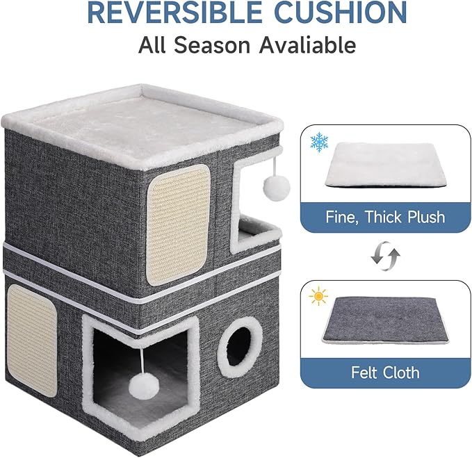 Shikha 3-Layer Foldable Cat House - Multi-Cat Hideaway with Scratch Pads, Hanging Toys & Cushioned Condos Portable Indoor Cat Cube for Play, Rest & Privacy