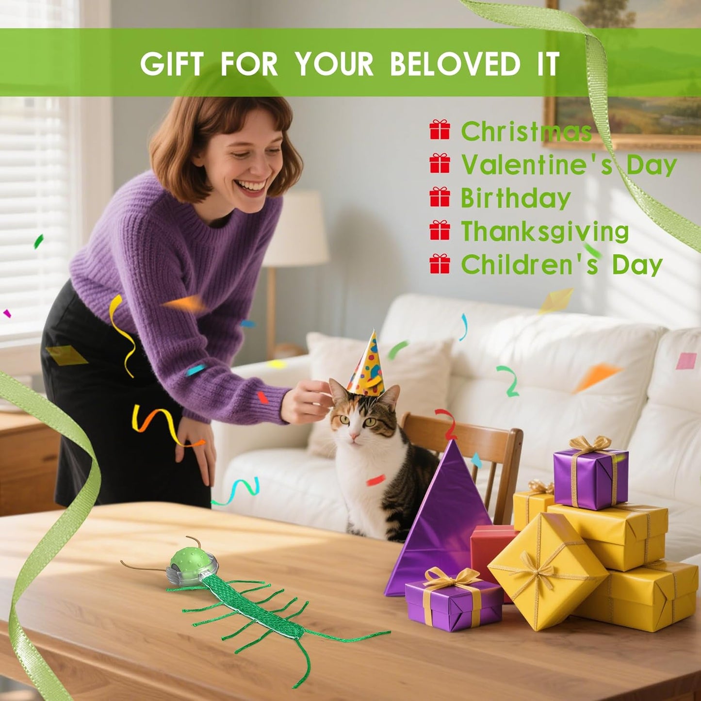Rechargeable Dual-Tail Cat Toy with Bird Sounds Smart Enrichment Ball for Indoor Cats