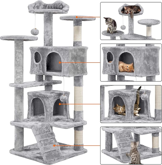 Yaheetech Cat Tree Tower - 138.5cm Multi-Level Climbing House with Condos, Ladder & Scratch Posts Activity Centre for Kittens & Small Cats (Multiple Colours & Sizes)